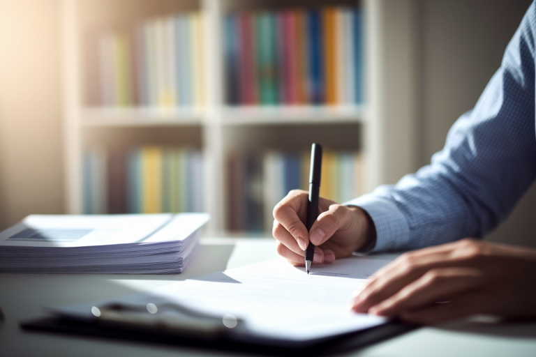 personne-assise-bureau-ecriture-papiers-etagere