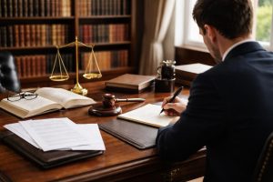 bureau-notaire-documents-personne-costume-livres