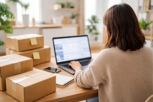 personne-ordinateur-portable-colis-table