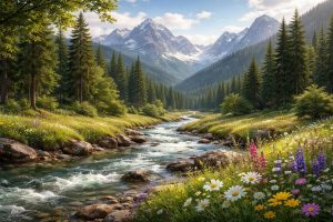 foret-verte-montagnes-riviere-fleurs