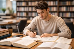 etudiant-concentre-bibliotheque-livres-notes
