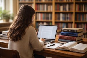 etudiante-ordinateur-livres-droit-bibliotheque