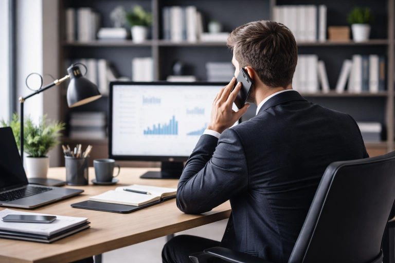 personne-bureau-moderne-telephone-etageres