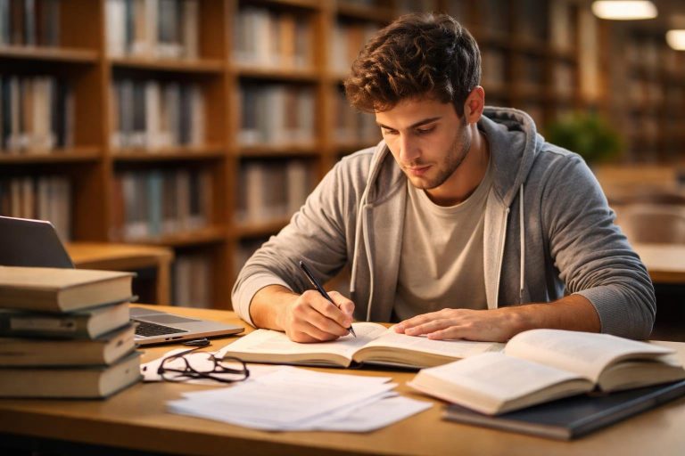 etudiant-table-livres-notes-bibliotheque